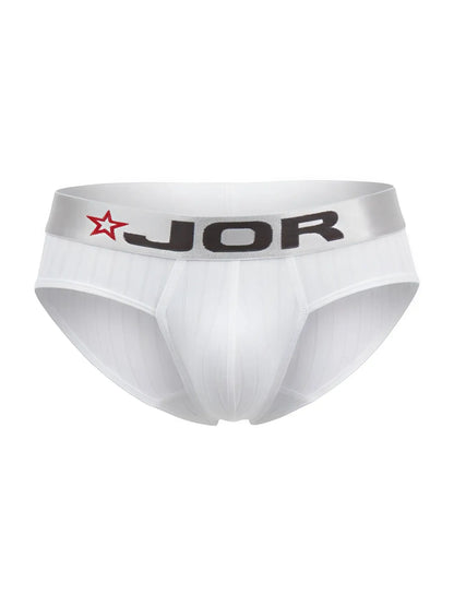 White jor 2331 cronos men’s briefs with silver waistband featuring brand name and red star logo