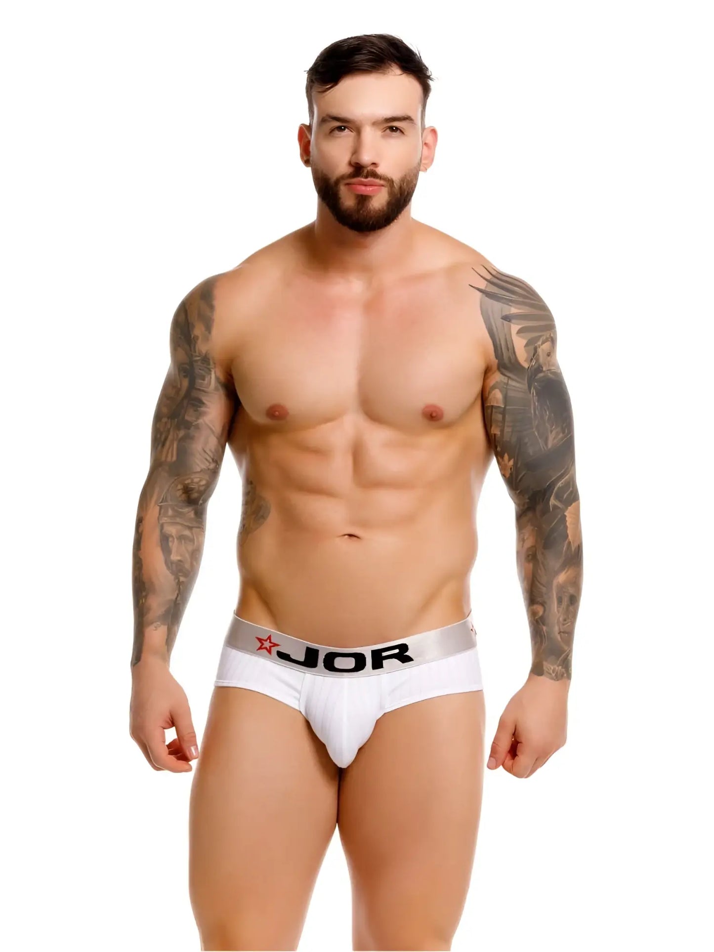 White jor 2331 cronos briefs featuring a silver waistband with black lettering and red star logo