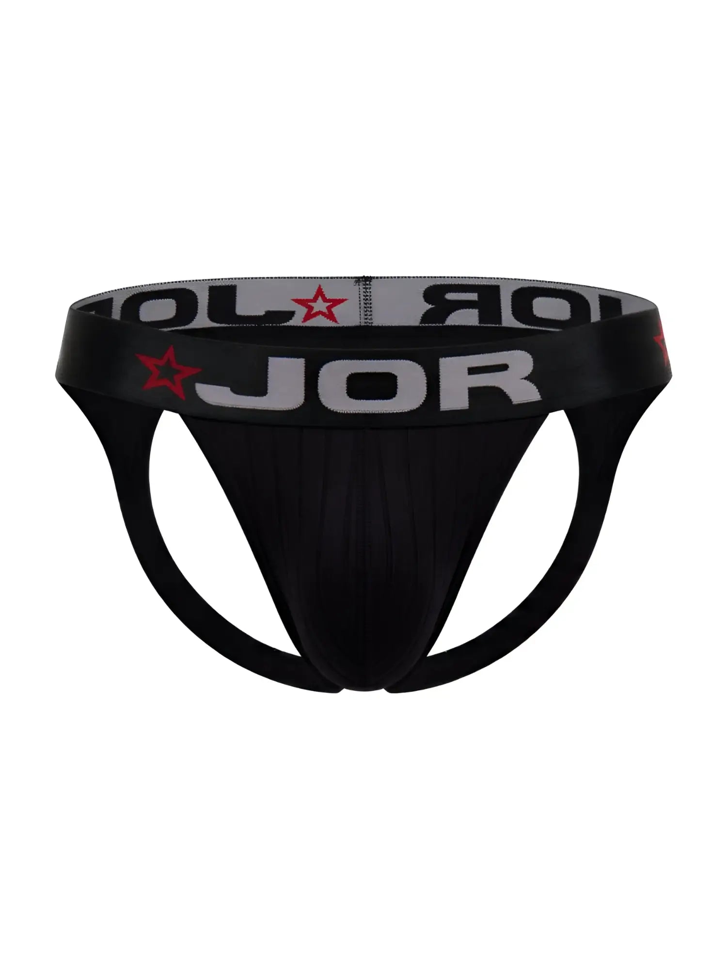 Black jor 2332 cronos jockstrap briefs with gray waistband and red star logos featuring bold white lettering