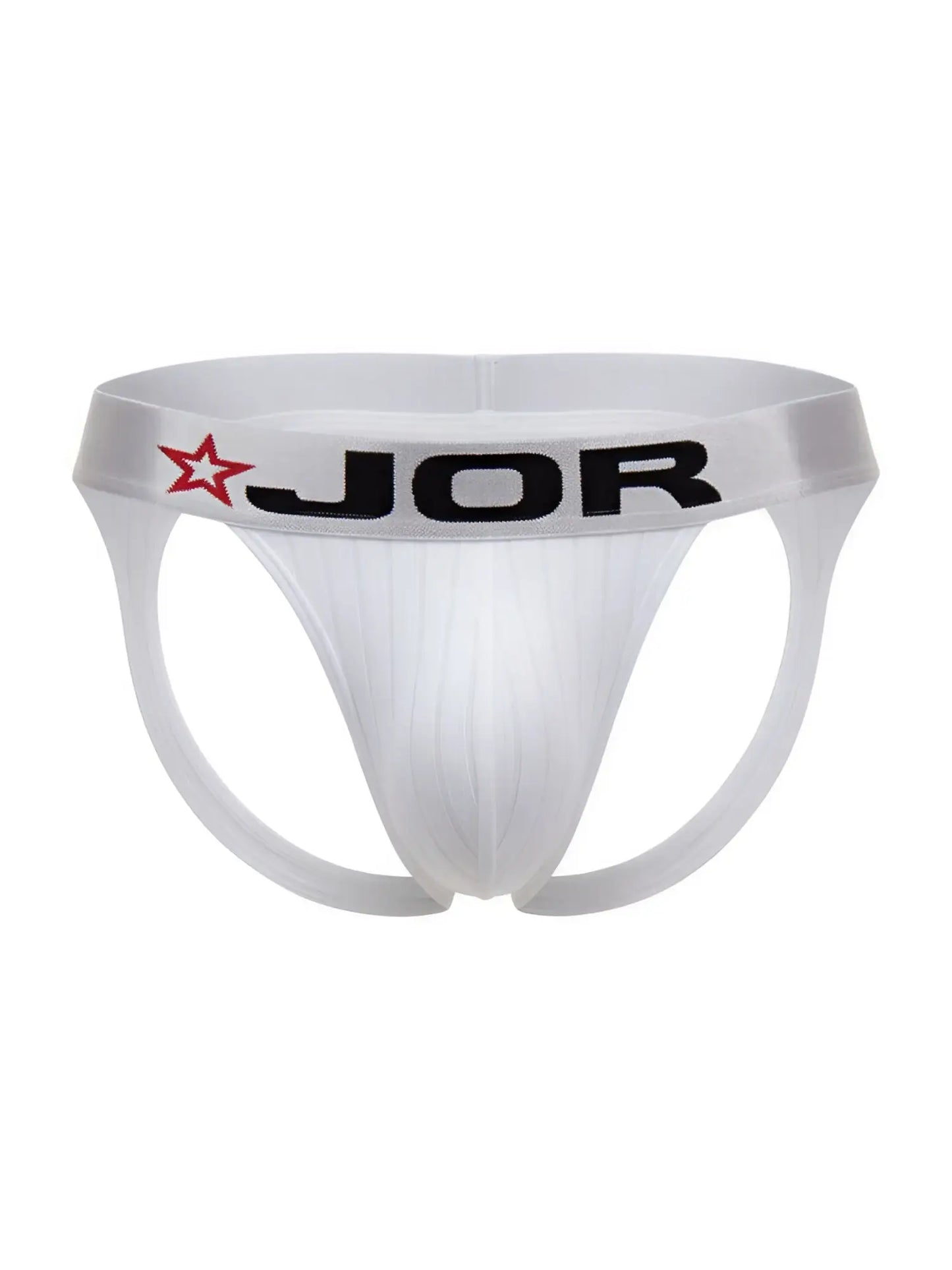 White jor 2332 cronos athletic briefs with black logo and red star on waistband for active wear
