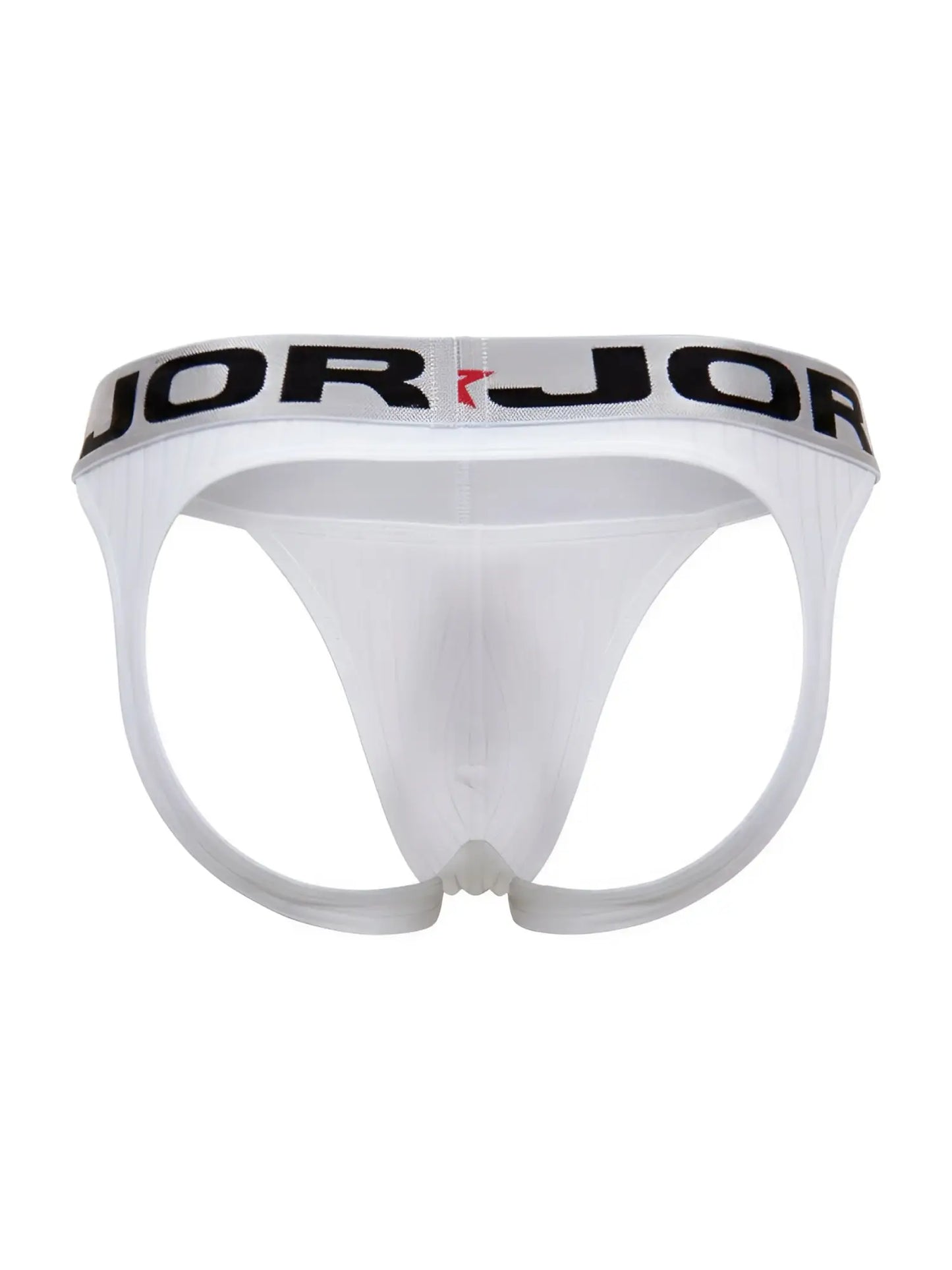 White jor 2332 cronos jockstrap briefs with black and red logo band showcasing front side design