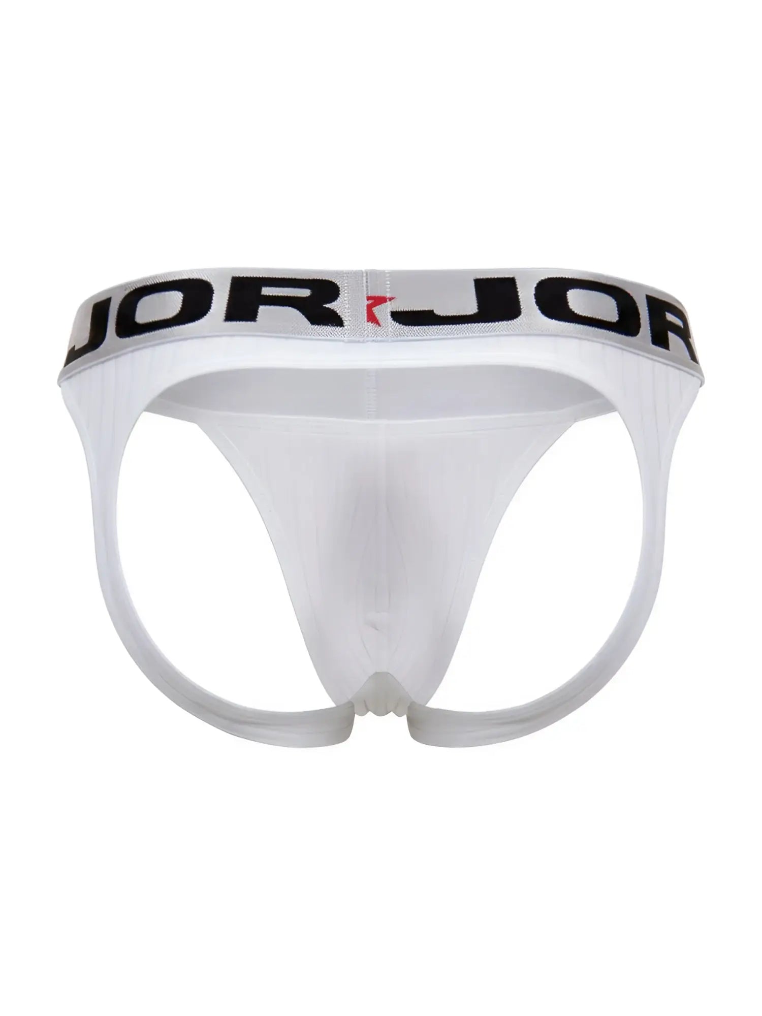 White jor 2332 cronos jockstrap briefs with black and red logo band showcasing front side design