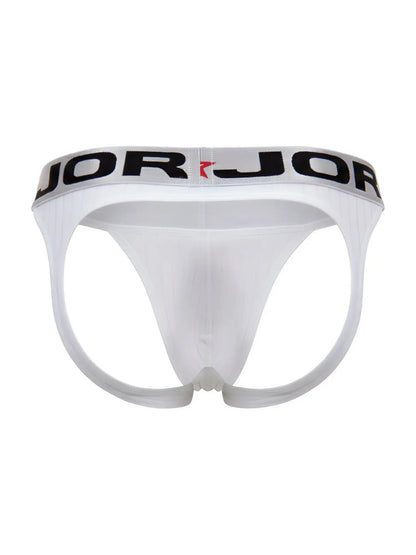White jor 2332 cronos jockstrap briefs with black and red logo band showcasing front side design
