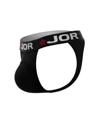 Black jor 2333 cronos briefs with ribbed texture and white lettering accented by red stars on the waistband