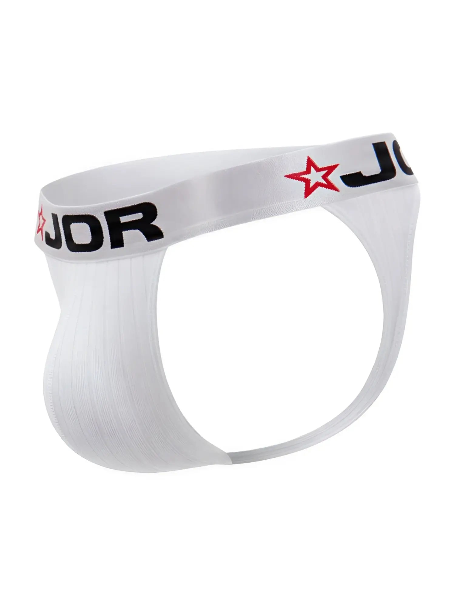White JOR 2333 Cronos briefs with black lettering and red star logo on the waistband in a thong style