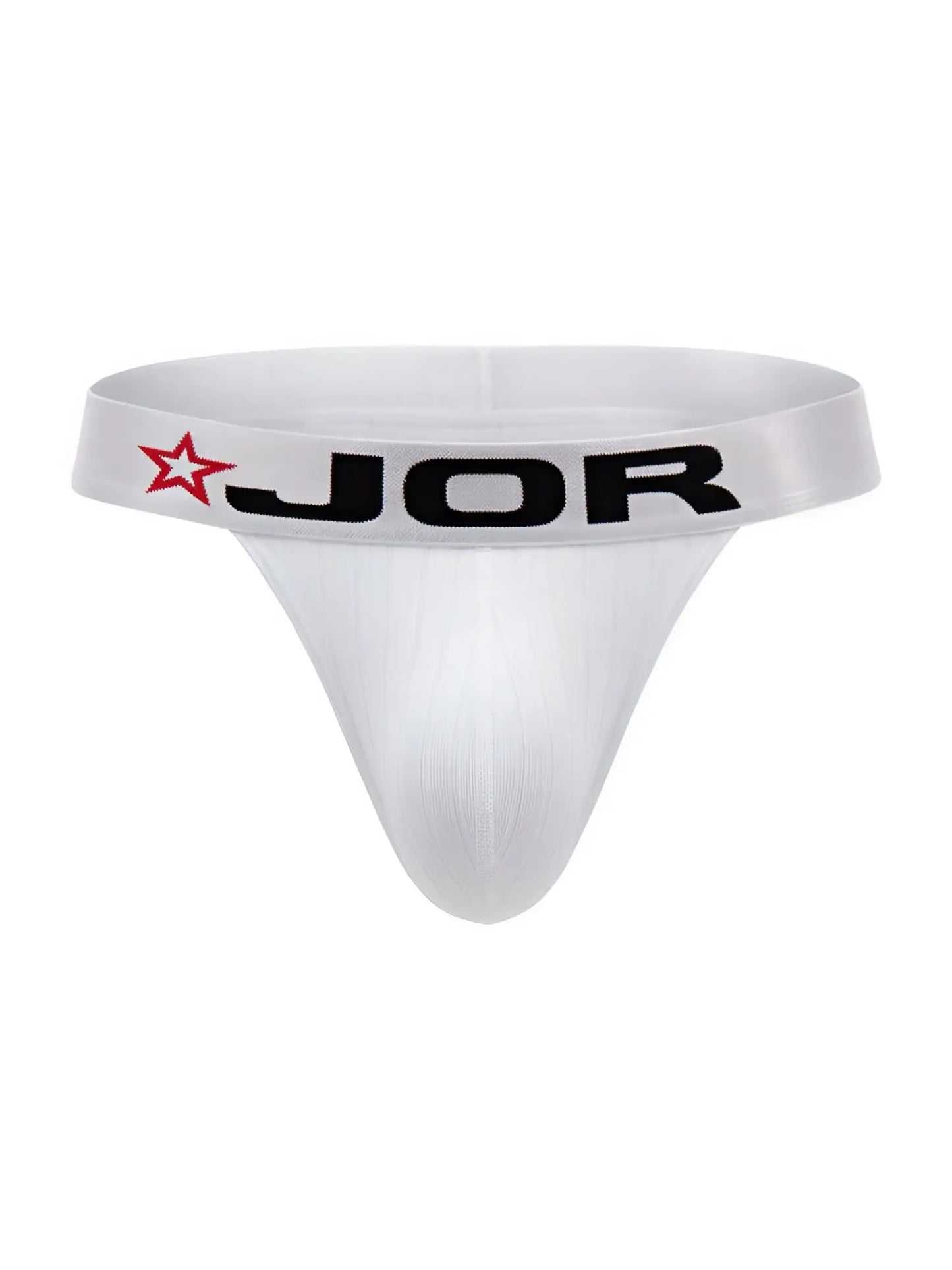 White JOR 2333 cronos thong with a black logo and red star on the waistband in front view