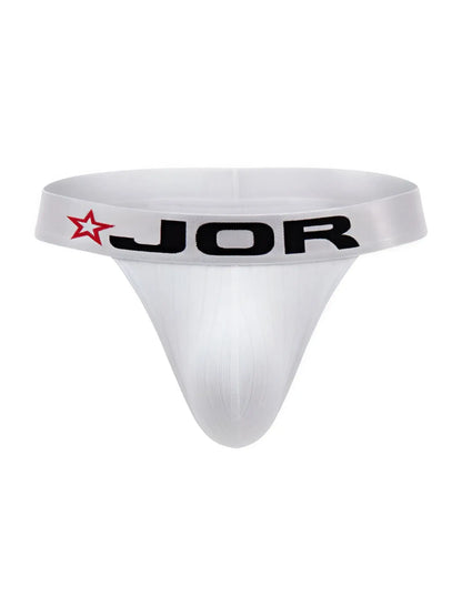 White JOR 2333 cronos thong with a black logo and red star on the waistband in front view