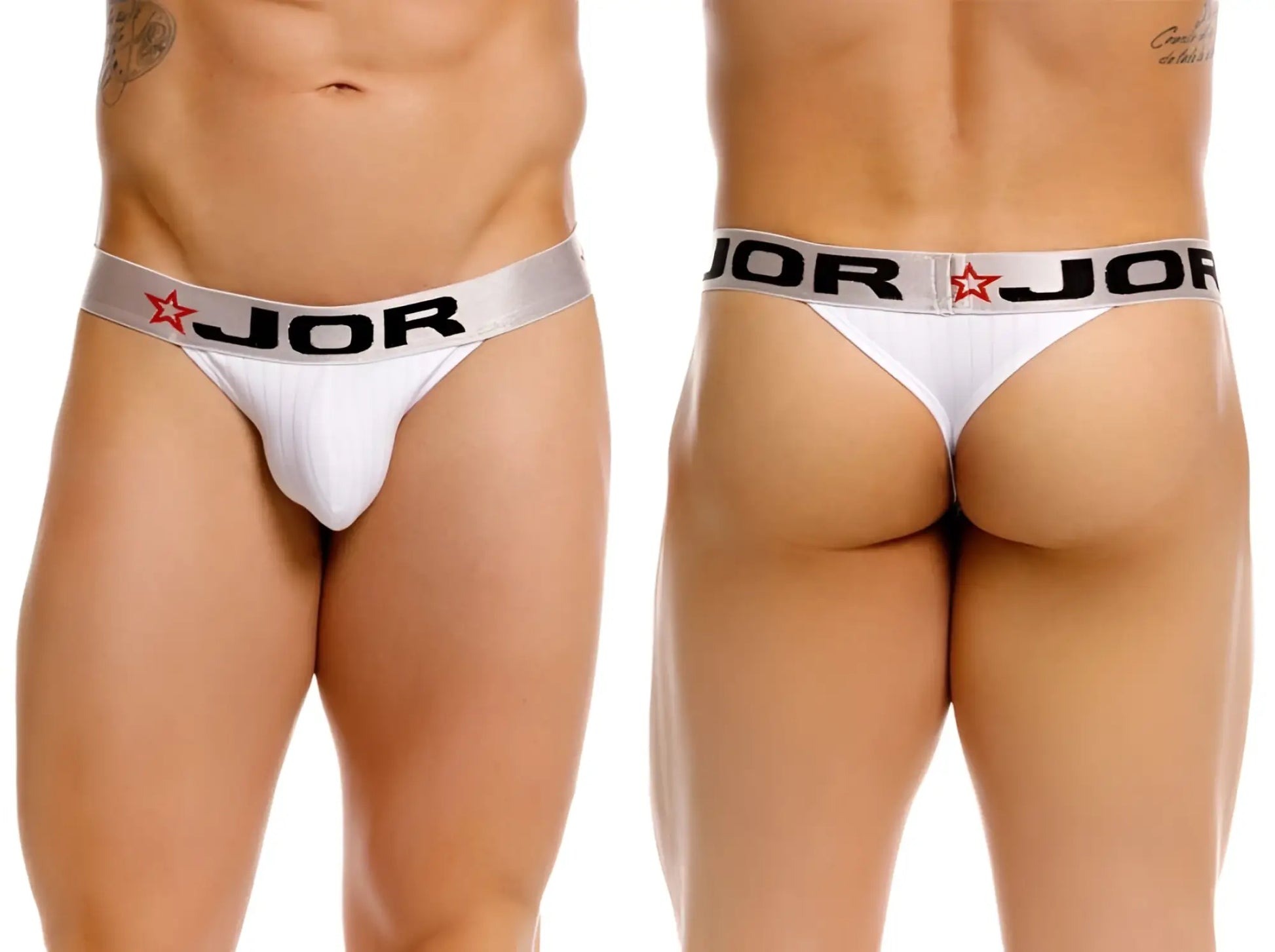 White jor 2333 cronos thong with silver waistband featuring black lettering and red star logo