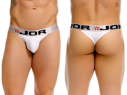 White jor 2333 cronos thong with silver waistband featuring black lettering and red star logo