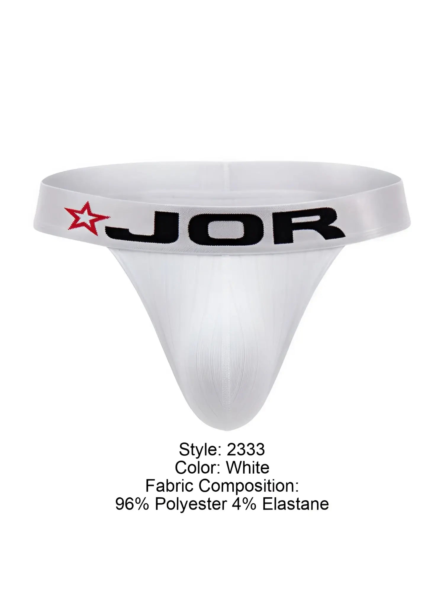 White JOR 2333 Cronos thong in smooth stretchy fabric with red star logo on waistband, front view