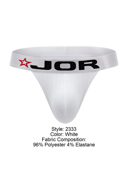 White JOR 2333 Cronos thong in smooth stretchy fabric with red star logo on waistband, front view