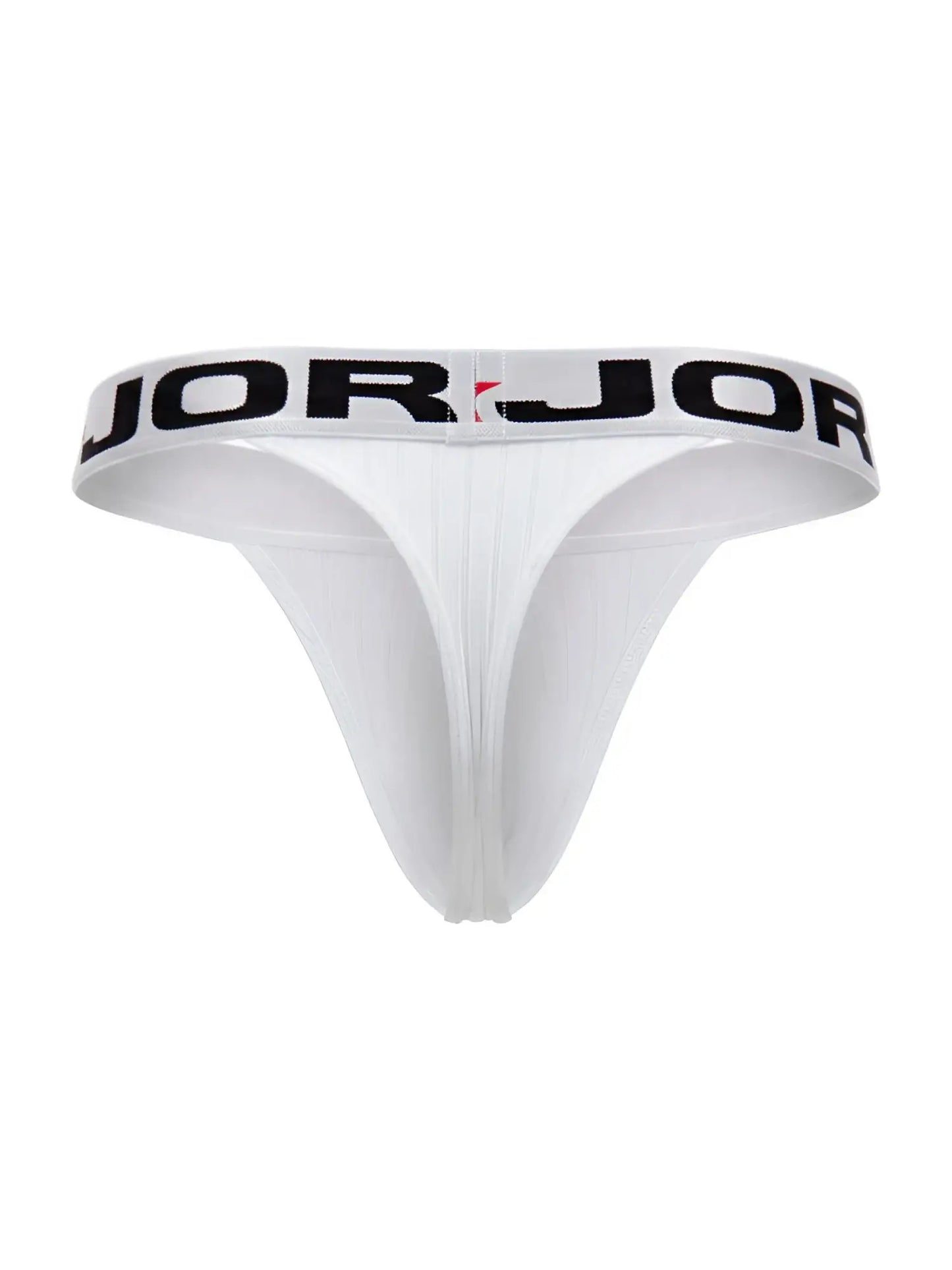 White jorjor brand thong with black lettering on waistband showing front design in jor 2333 cronos thongs color white