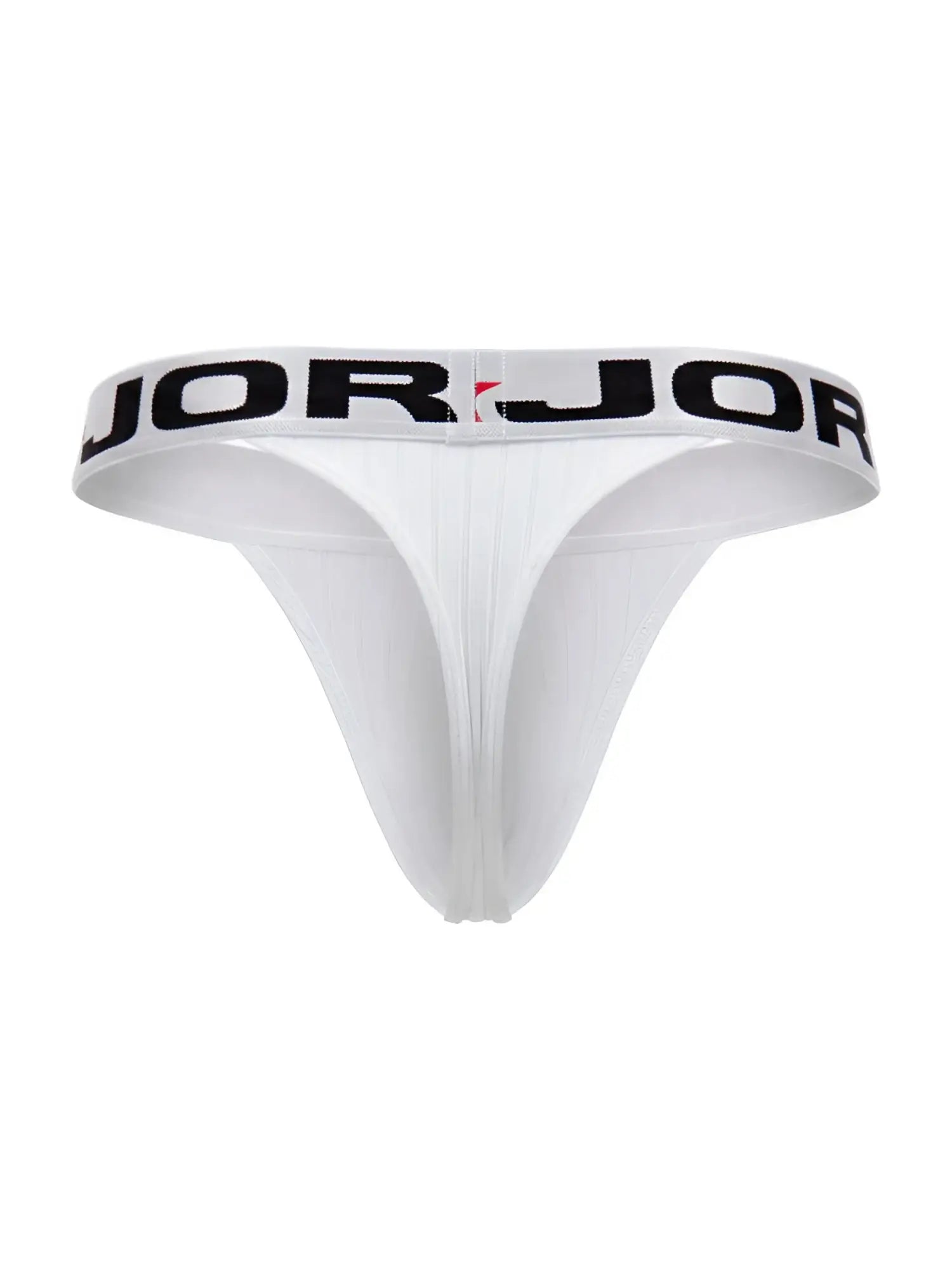 White jorjor brand thong with black lettering on waistband showing front design in jor 2333 cronos thongs color white