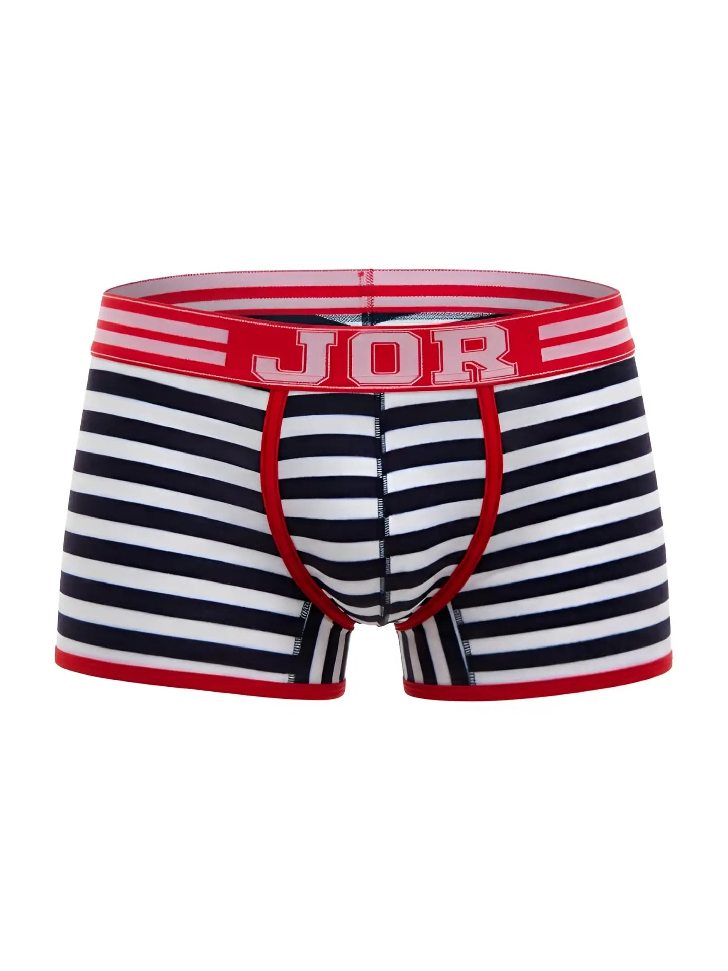 Jor 2334 santorini trunks striped navy and white men’s boxer briefs with red trim and bold jor logo waistband