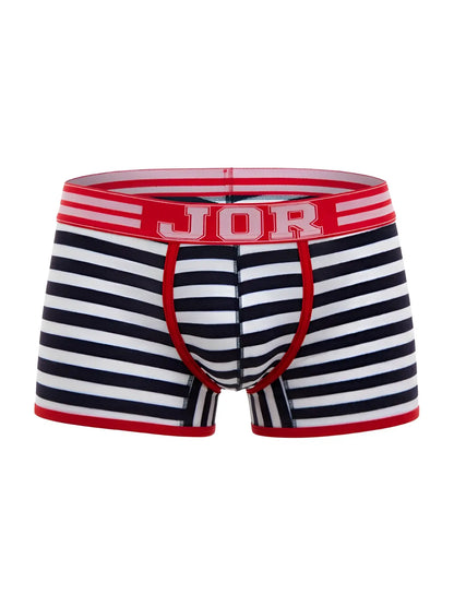 Jor 2334 santorini trunks striped navy and white men’s boxer briefs with red trim and bold jor logo waistband