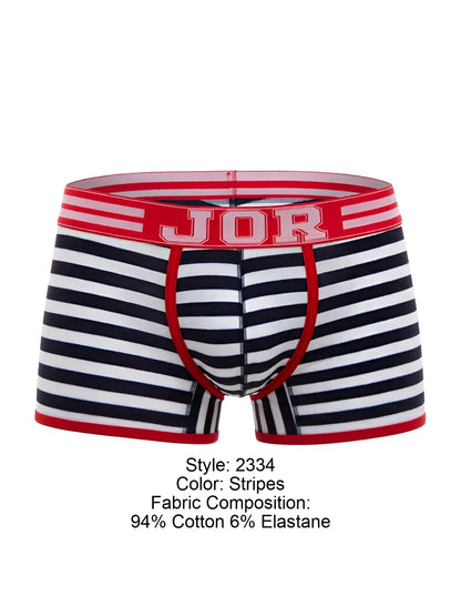 Striped navy and white men’s trunks with red trim and a bold JOR logo on the waistband.