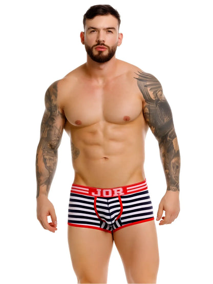 Jor 2334 Santorini trunks striped navy and white briefs with red trim and jor logo on waistband front side