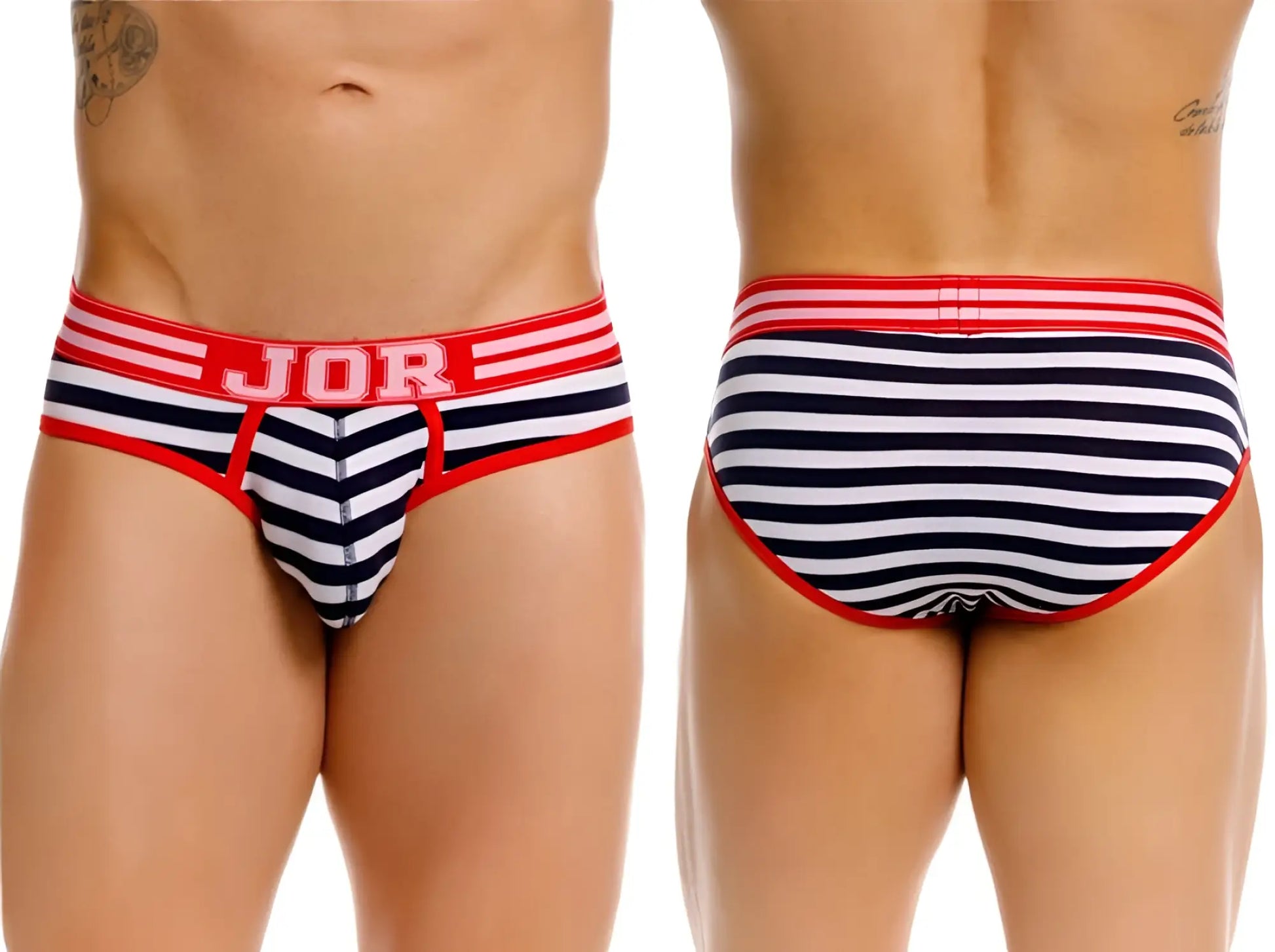 Navy and white striped jor 2335 santorini briefs with red trim and logo waistband in breathable fabric