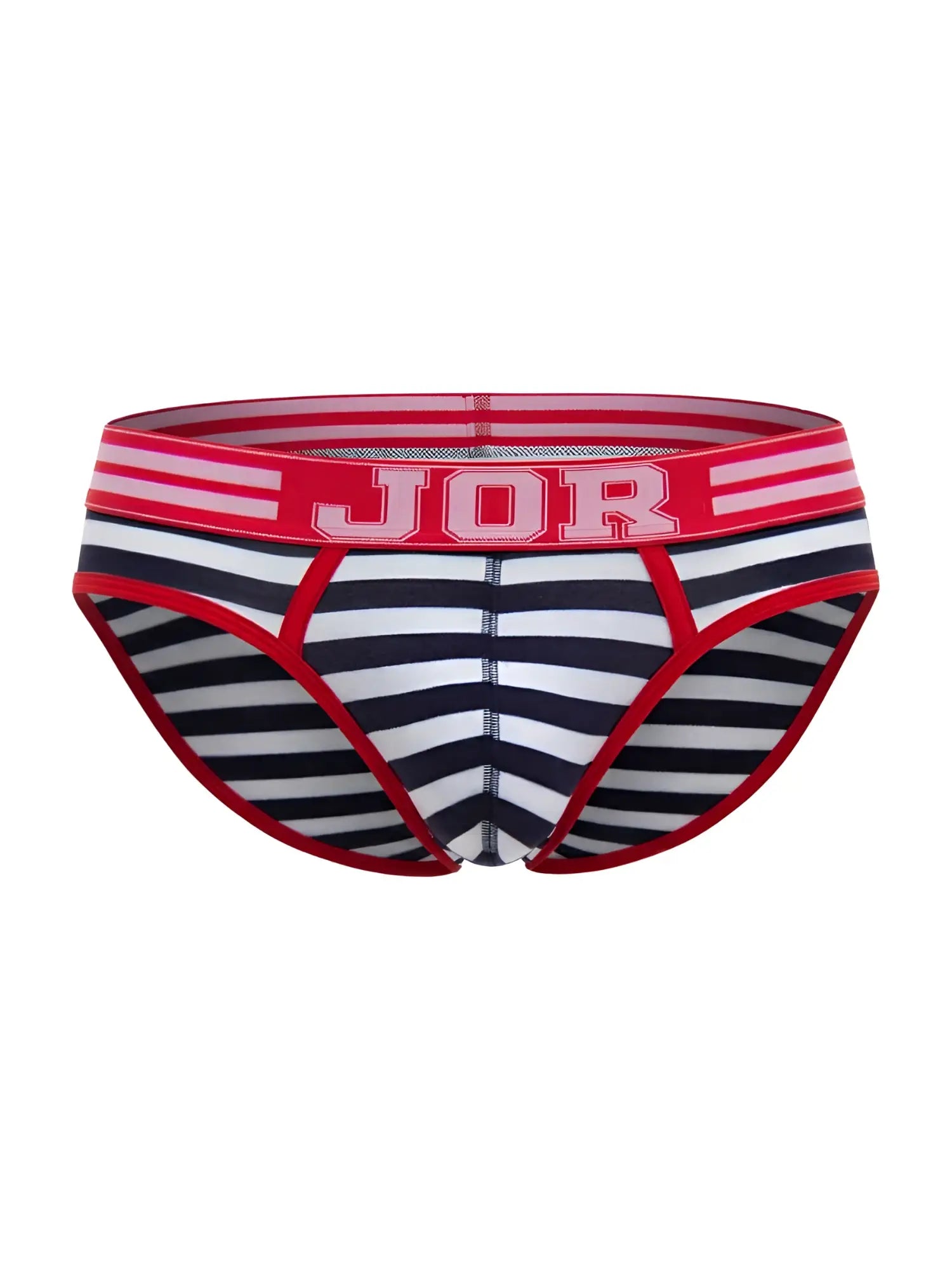 Jor 2335 santorini briefs striped men’s underwear in red white and black with bold red waistband and jor logo