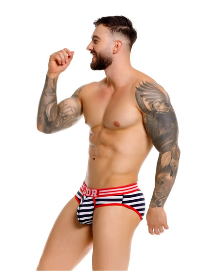 Jor 2335 santorini briefs striped navy and white with red trim and bold sudor logo on waistband