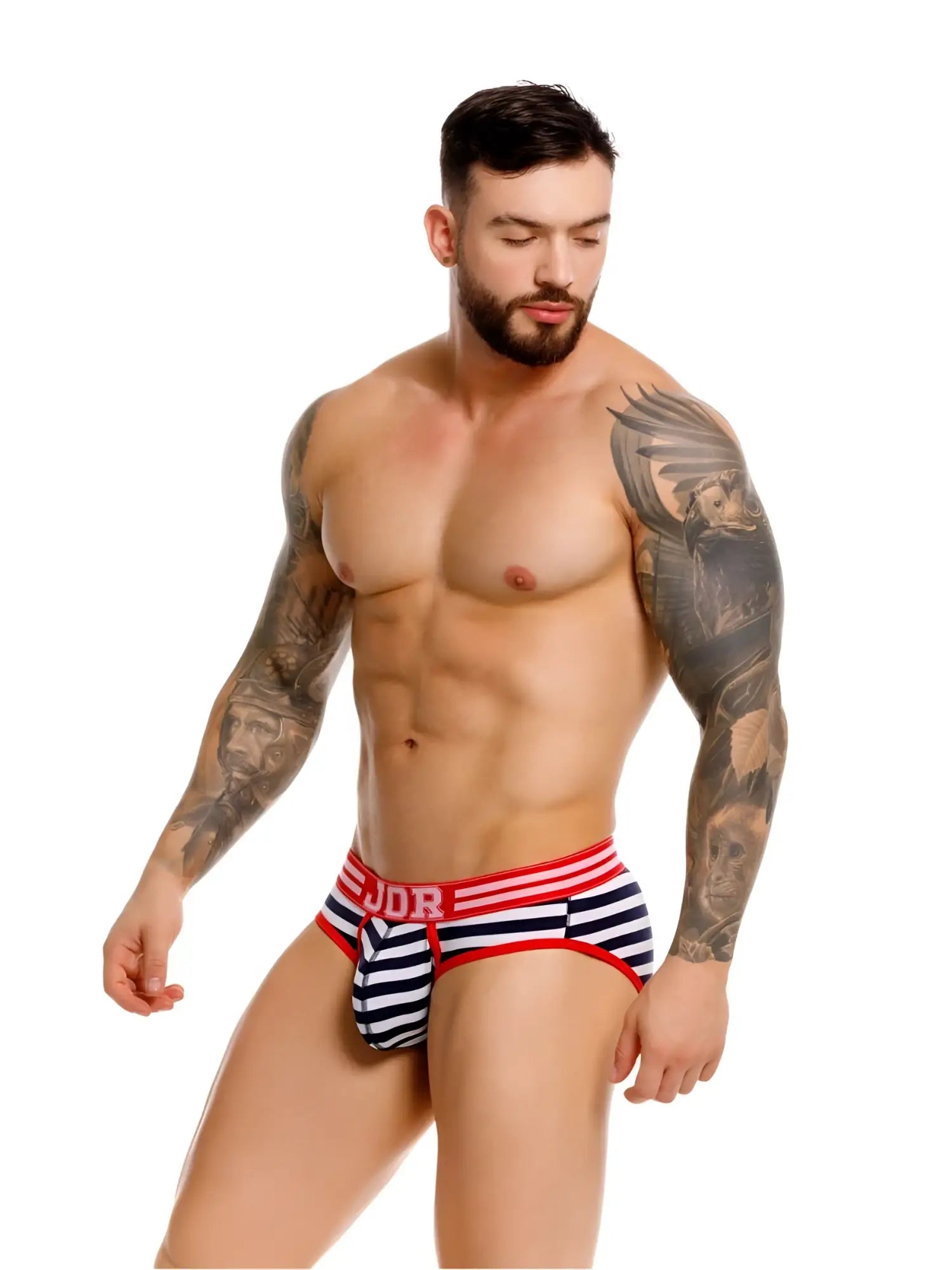 Navy and white striped briefs with red trim and bold ddr logo on waistband jor 2335 santorini briefs color stripes