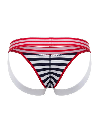 Men’s jor 2336 santorini jockstrap color stripes with red white and navy blue stripes and supportive waistband