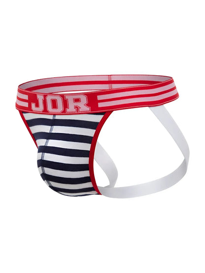 Red white and navy blue striped jor 2336 santorini jockstrap with red waistband and jor logo for men