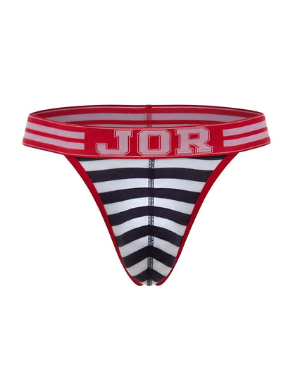 Red and white striped thong with black and white diagonal stripes and jor logo waistband from jor 2337 santorini collection