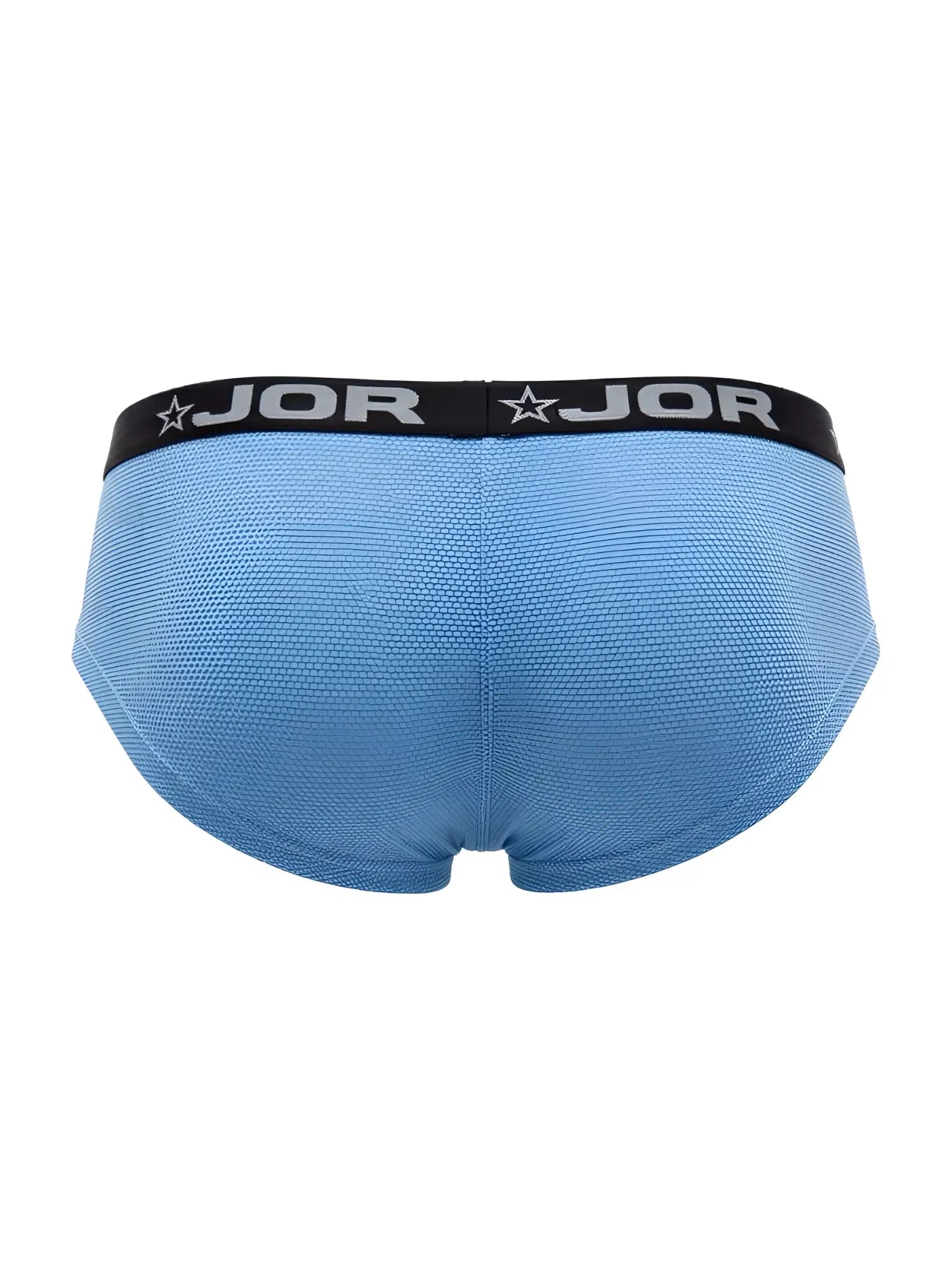 Light blue JOR 2345 Cannes trunks with black waistband featuring brand name and star logo men’s briefs