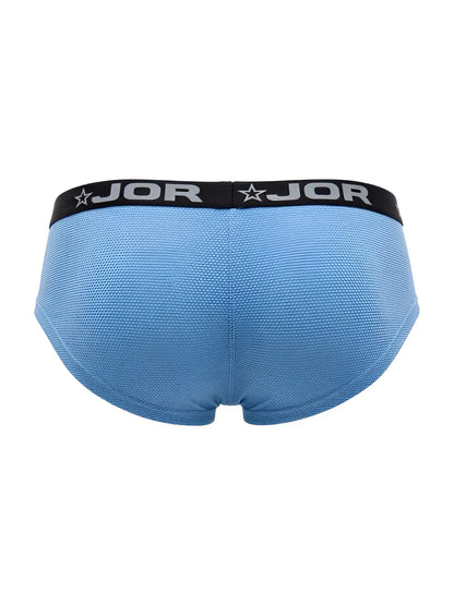 Light blue JOR 2345 Cannes trunks with black waistband featuring brand name and star logo men’s briefs