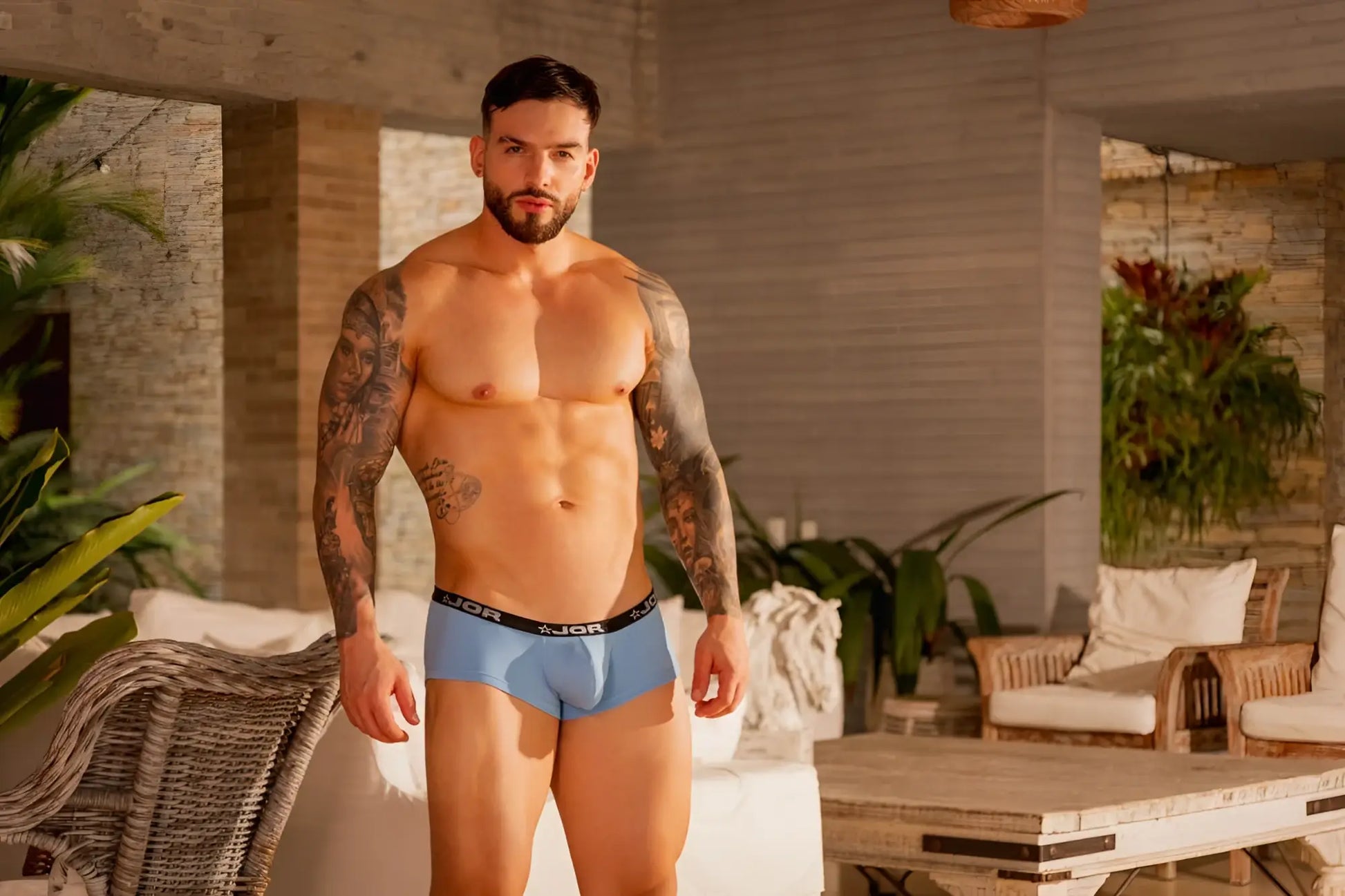 Light blue JOR 2345 Cannes trunks men’s briefs with black elastic waistband featuring the brand logo