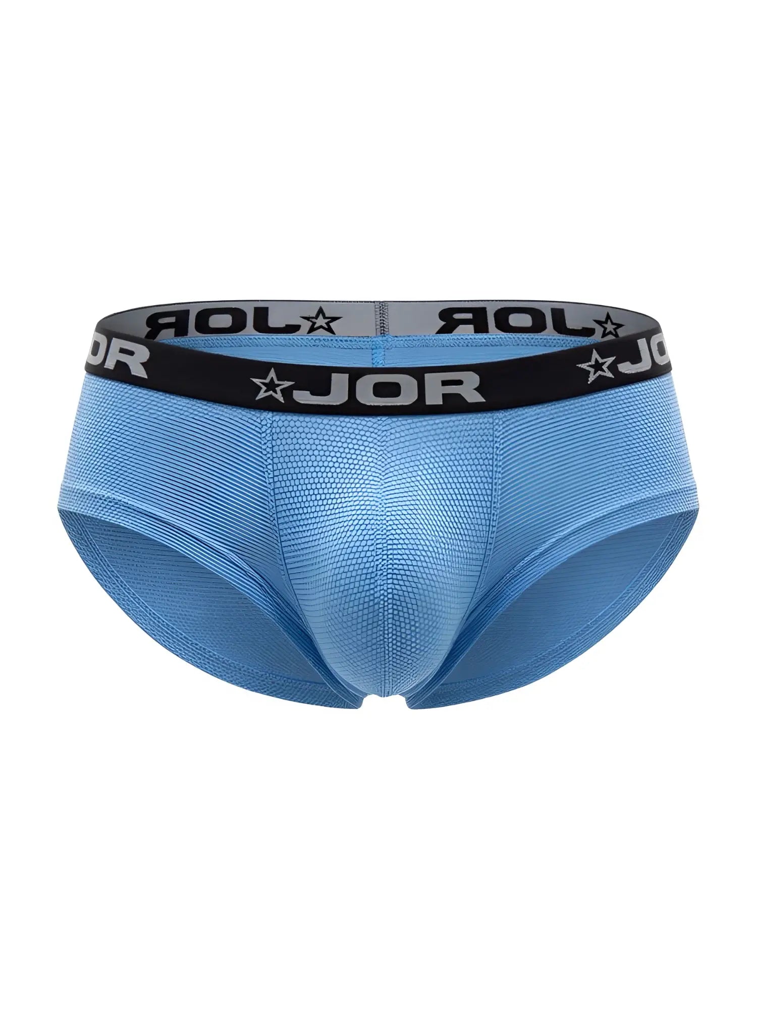 Light blue jor 2345 Cannes trunks briefs with black waistband featuring brand name and star logo for men