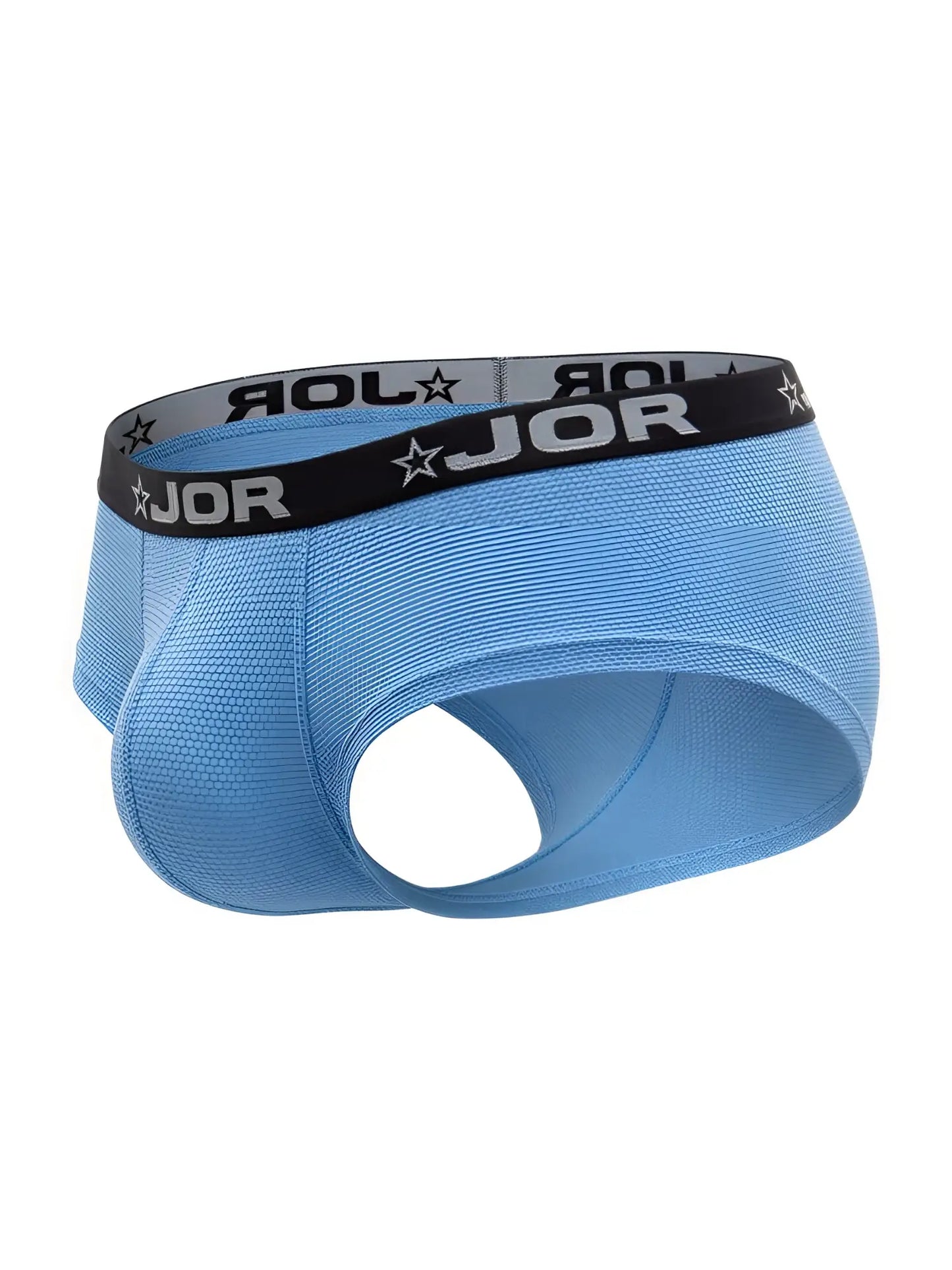 Light blue jor 2345 cannes trunks briefs with black waistband featuring brand name and star logos
