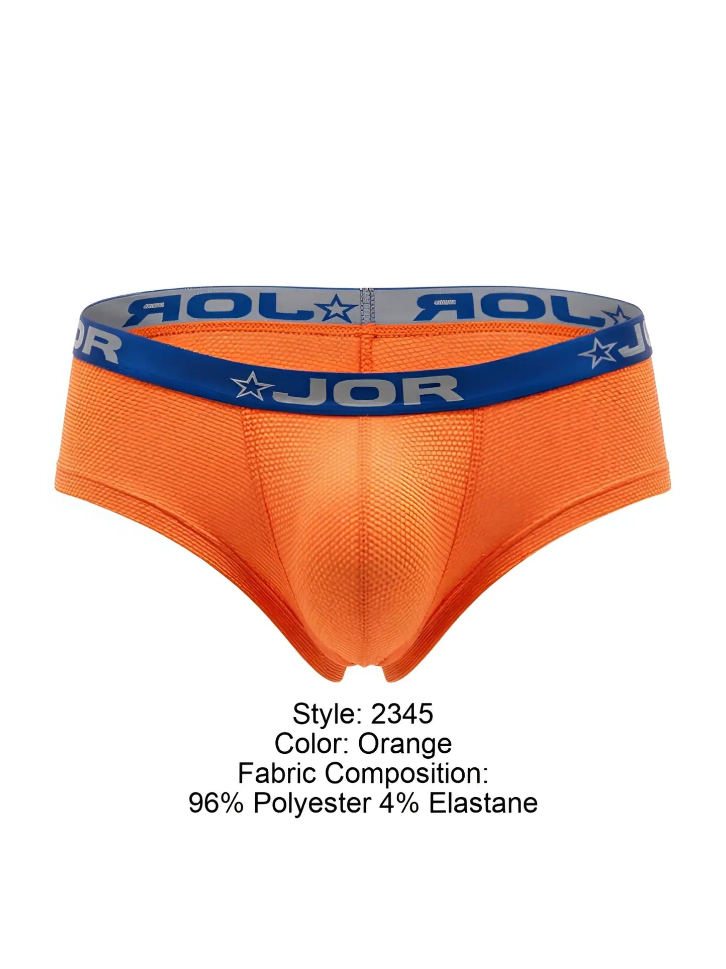 Orange jor 2345 cannes trunks briefs with blue elastic waistband featuring jor logo and star design