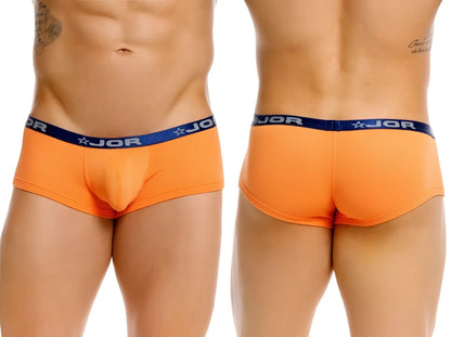 Orange jor 2345 cannes trunks briefs with blue waistband featuring jor logo and star design