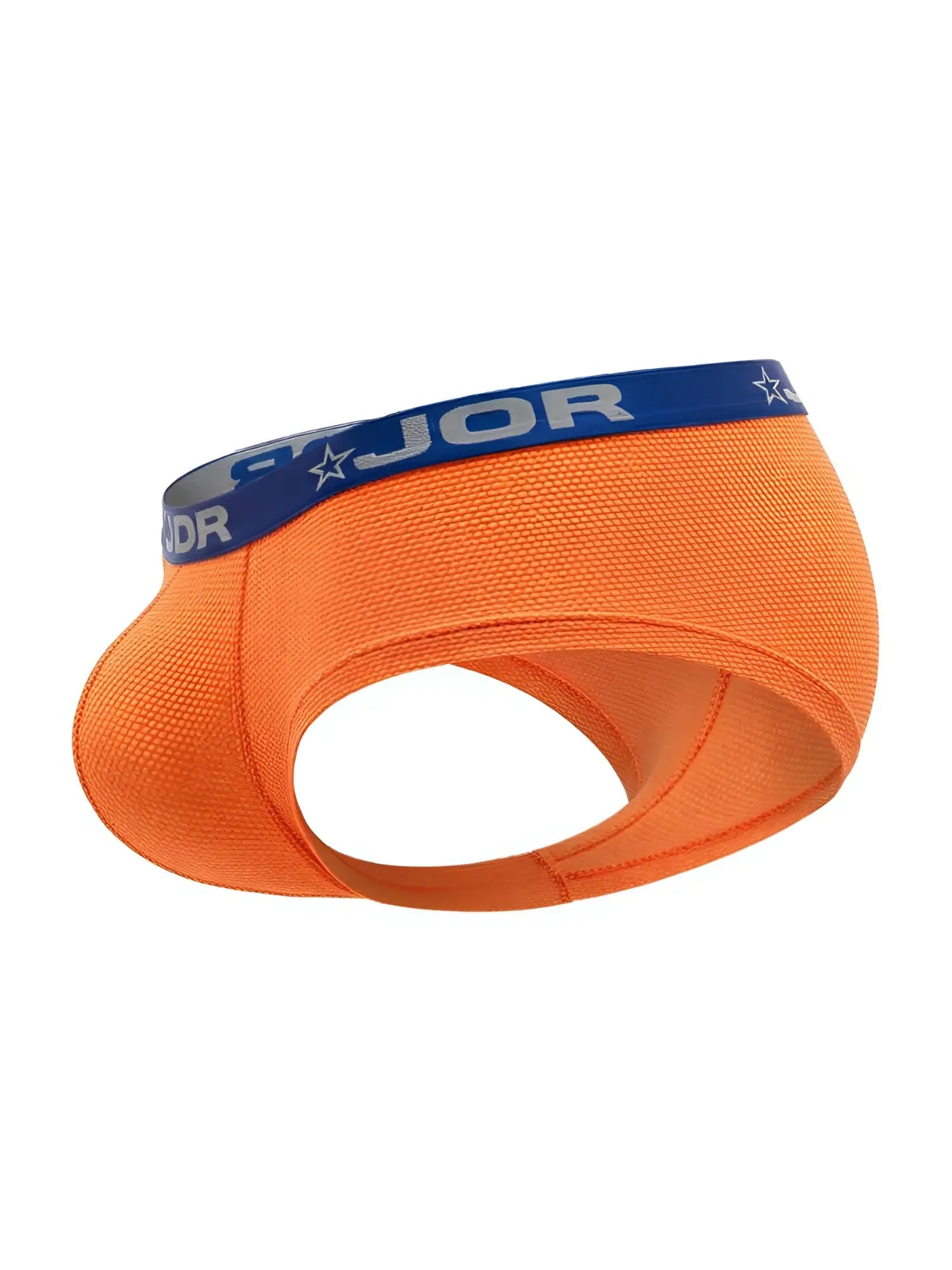 Bright orange jor 2345 cannes athletic briefs with blue elastic waistband featuring jor brand and star logos