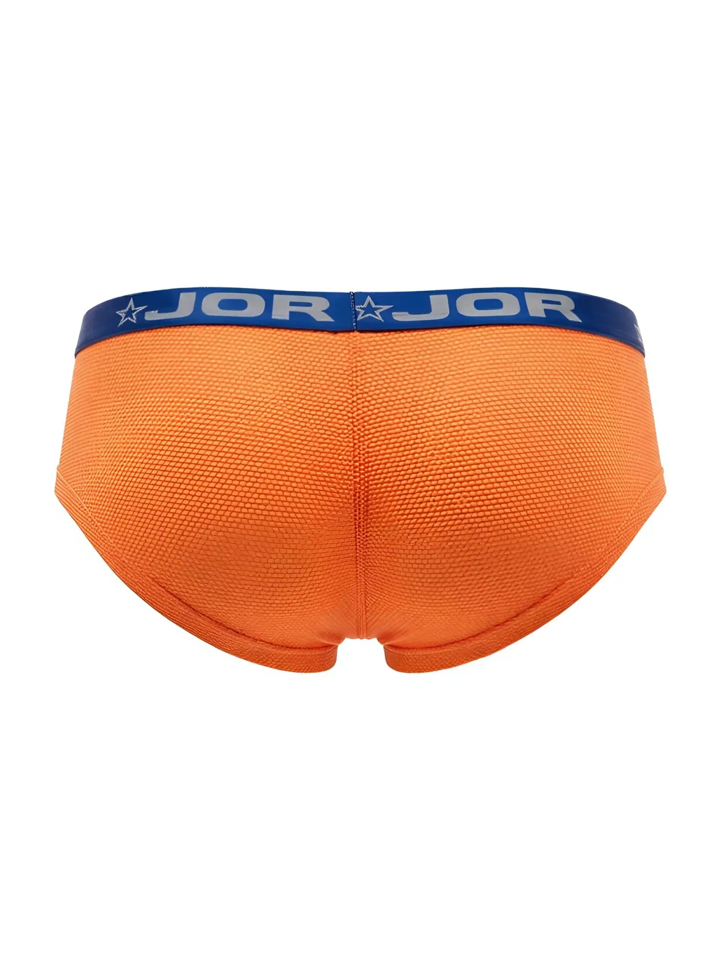 Bright orange jor 2345 cannes trunks with textured fabric and blue waistband featuring the jor logo