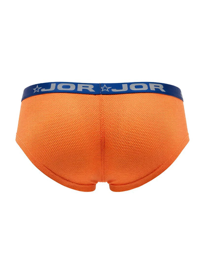 Bright orange jor 2345 cannes trunks with textured fabric and blue waistband featuring the jor logo