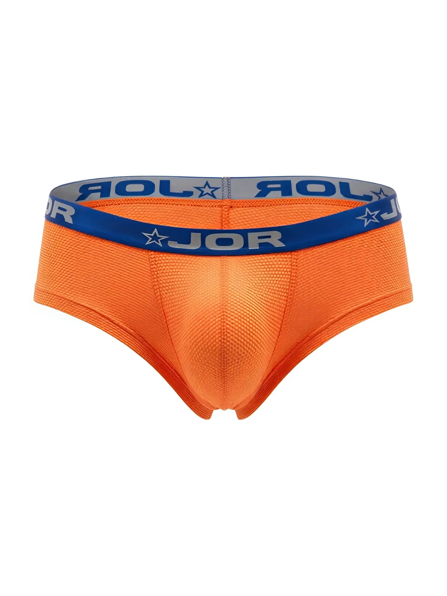 Bright orange jor 2345 cannes men’s briefs with blue gray elastic waistband featuring brand logo and star design
