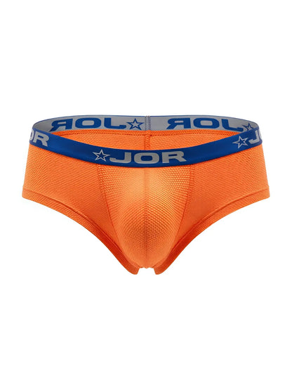 Bright orange jor 2345 cannes men’s briefs with blue gray elastic waistband featuring brand logo and star design