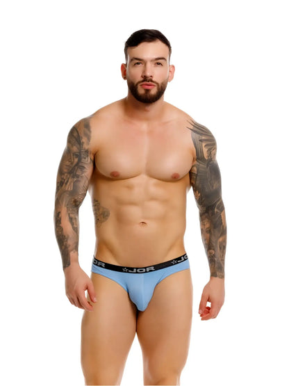 Light blue jor 2346 Cannes bikini briefs with black waistband featuring jor logo and star motifs front view