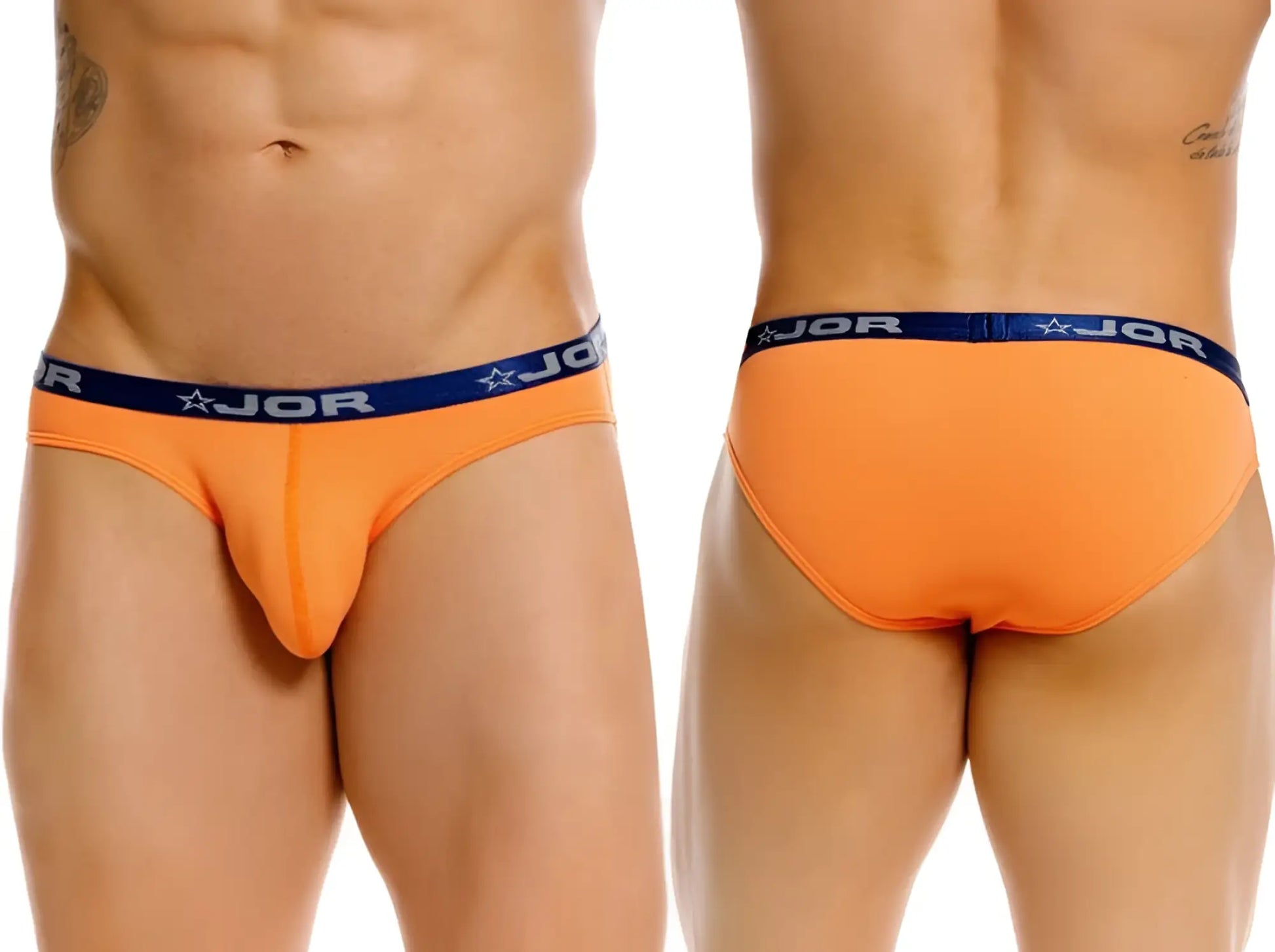 Jor 2346 cannes bikini briefs in orange with navy blue waistband featuring white lettering and star logos
