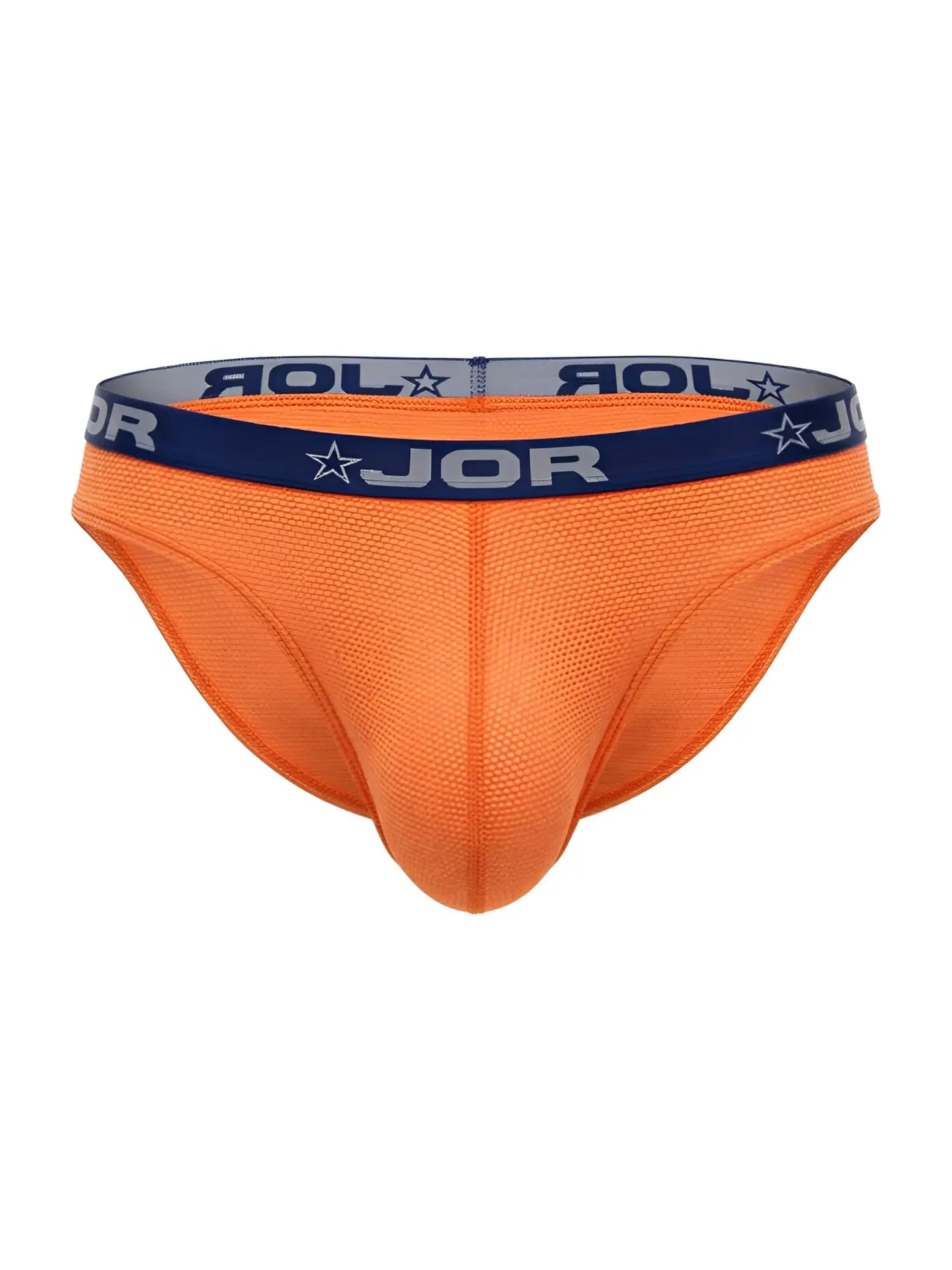 Bright orange jor 2346 Cannes bikini briefs with navy blue waistband featuring jor logo and star motifs
