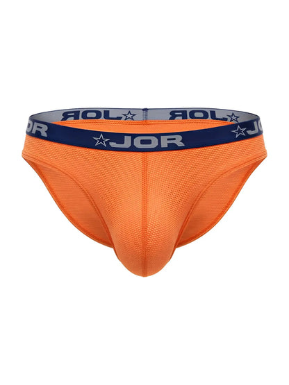 Bright orange jor 2346 Cannes bikini briefs with navy blue waistband featuring jor logo and star motifs