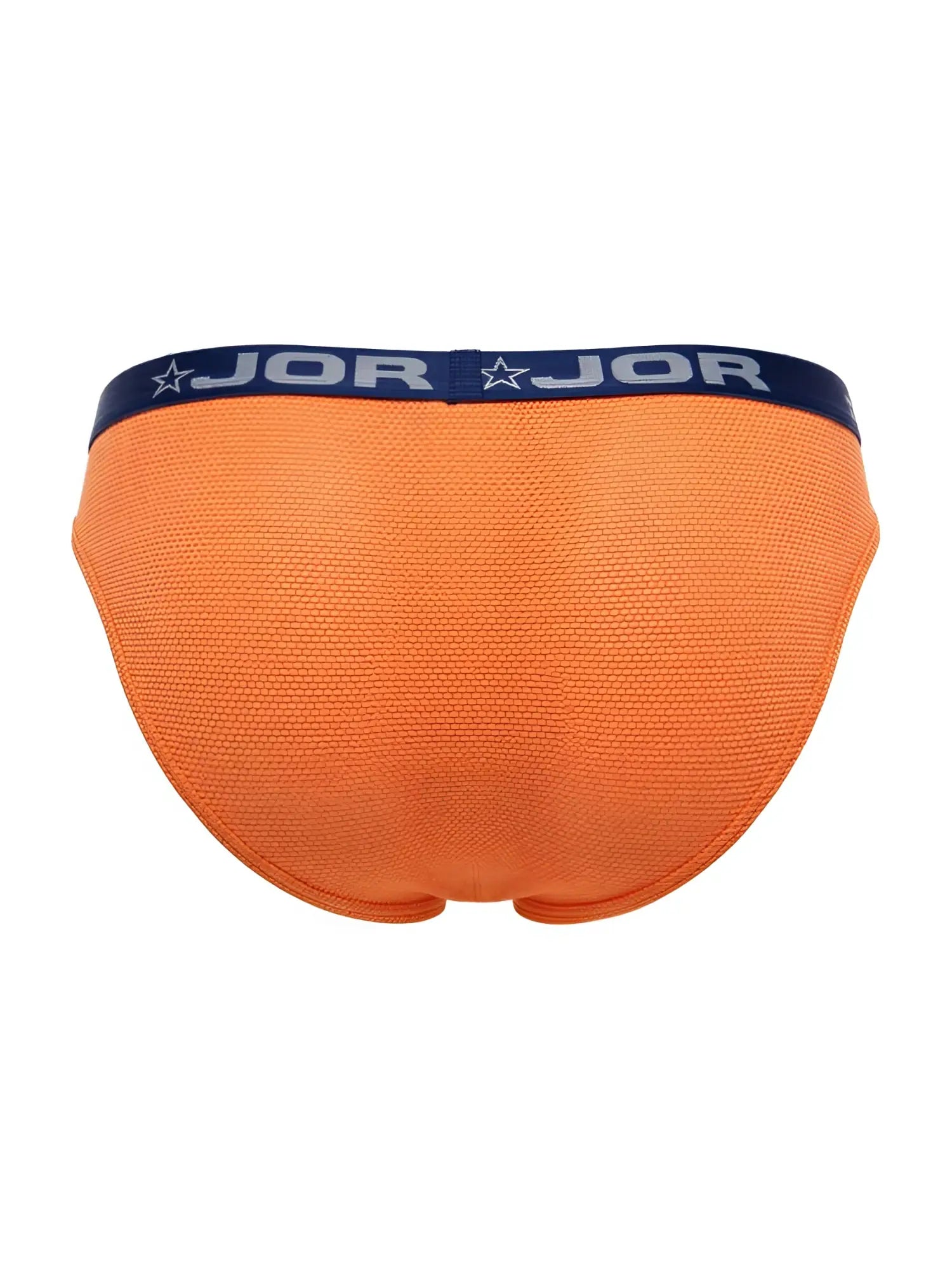 Bright orange textured briefs with navy blue jor waistband and star logos in jor 2346 cannes bikini color orange