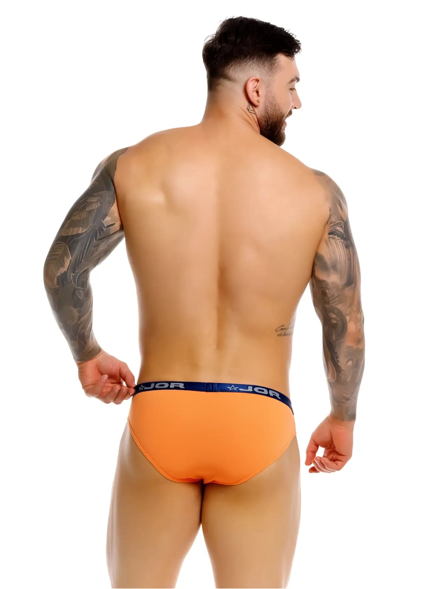 Orange jor 2346 cannes bikini briefs with navy blue waistband featuring the jor brand logo for comfortable wear