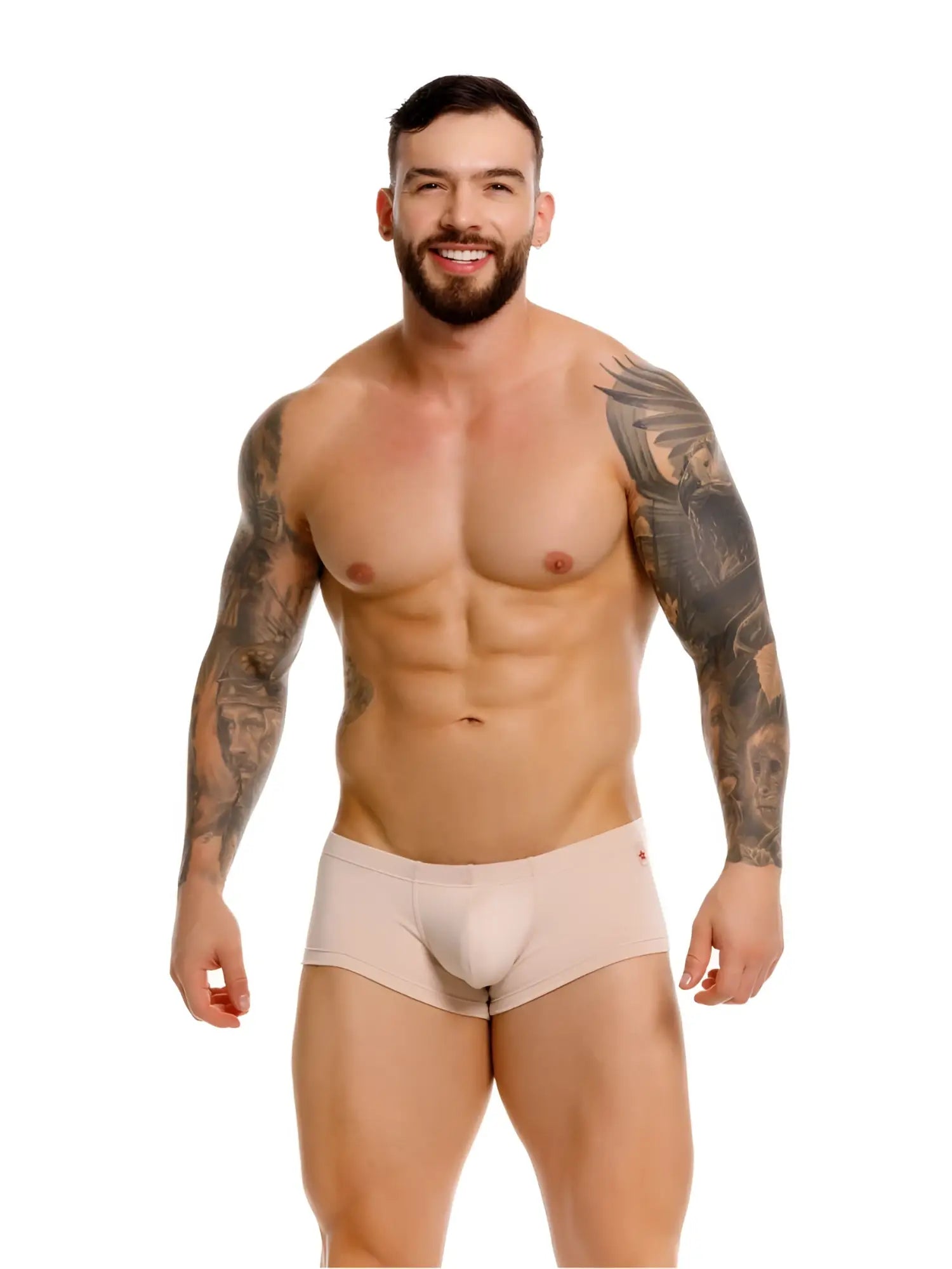 Beige jor 2347 invisible trunks with smooth form-fitting design and subtle red branding on the waistband
