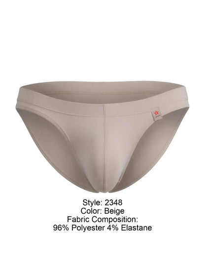 Beige jor 2348 invisible bikini men’s briefs made of 96 polyester 4 elastane with red star logo on waistband