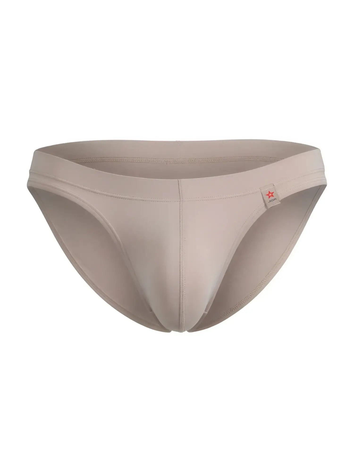 Beige jor 2348 invisible bikini briefs with smooth form-fitting design and red star logo on waistband