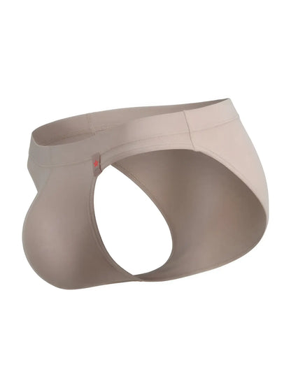 Beige jor 2348 invisible bikini briefs with smooth, form-fitting design and subtle red logo on waistband